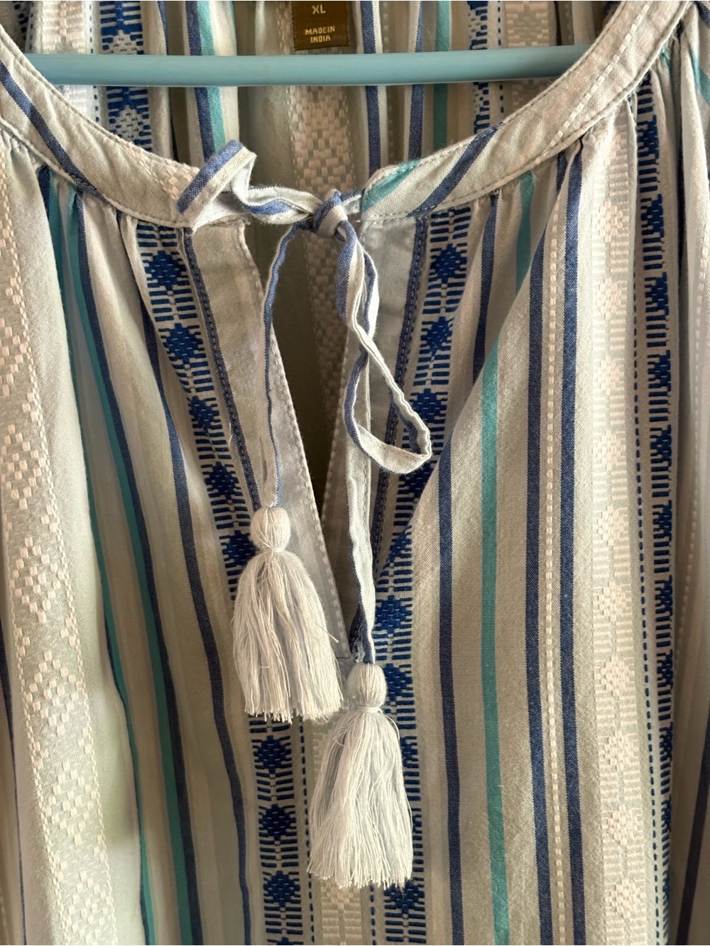 Cute swingy cotton tiered summer dress. Blues and stripes, tie tassel neck. - Picture 4 of 8